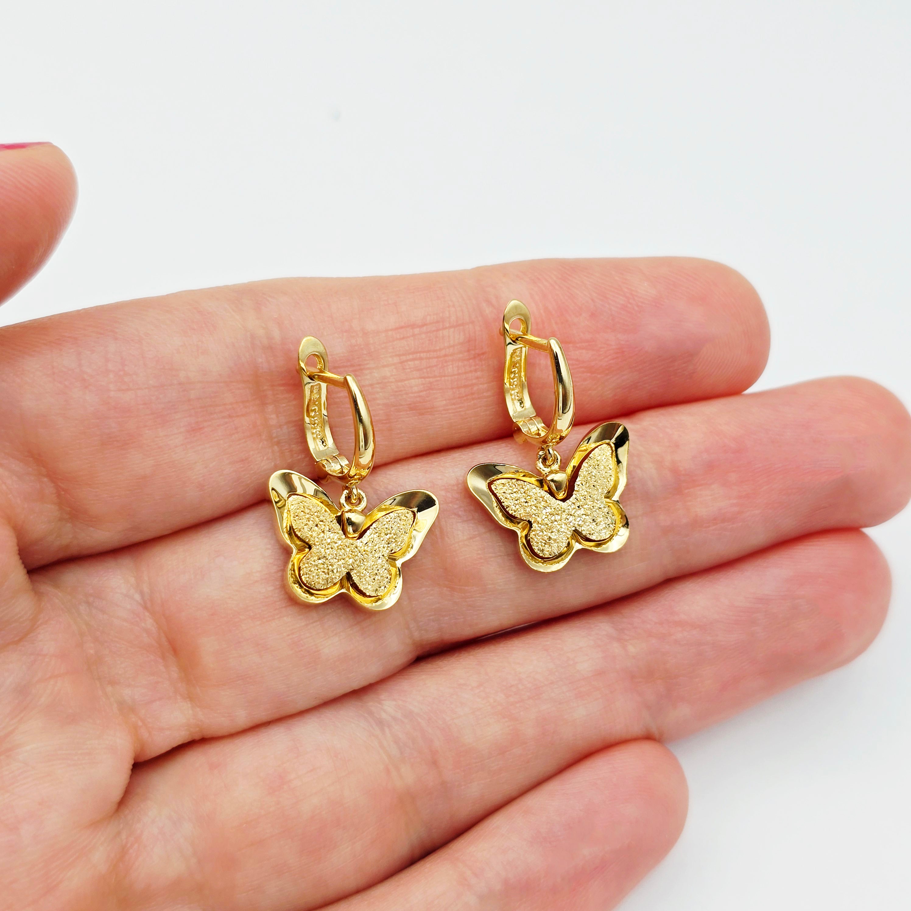 18K Solid Gold Butterfly Drop Earrings, Elegant Textured Finish