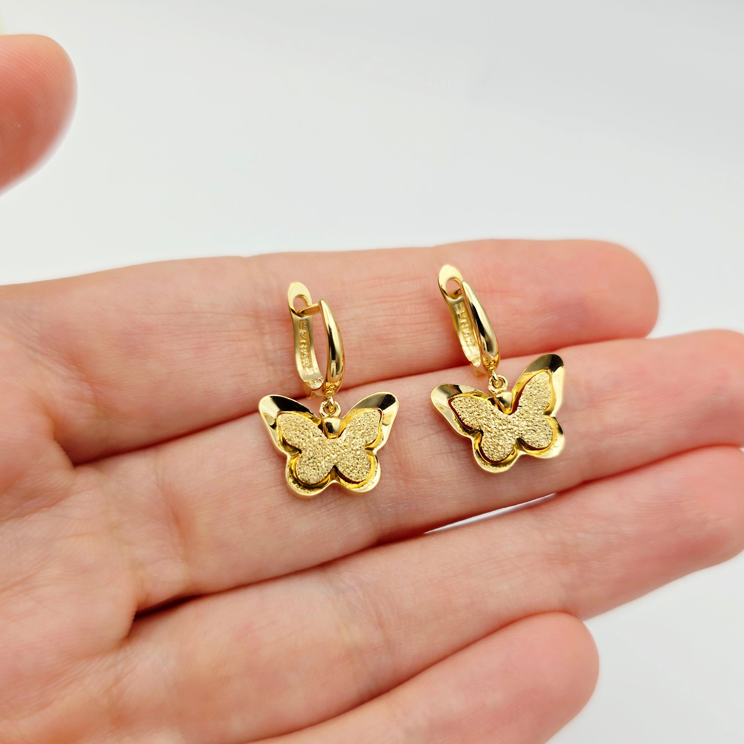 18K Solid Gold Butterfly Drop Earrings, Elegant Textured Finish