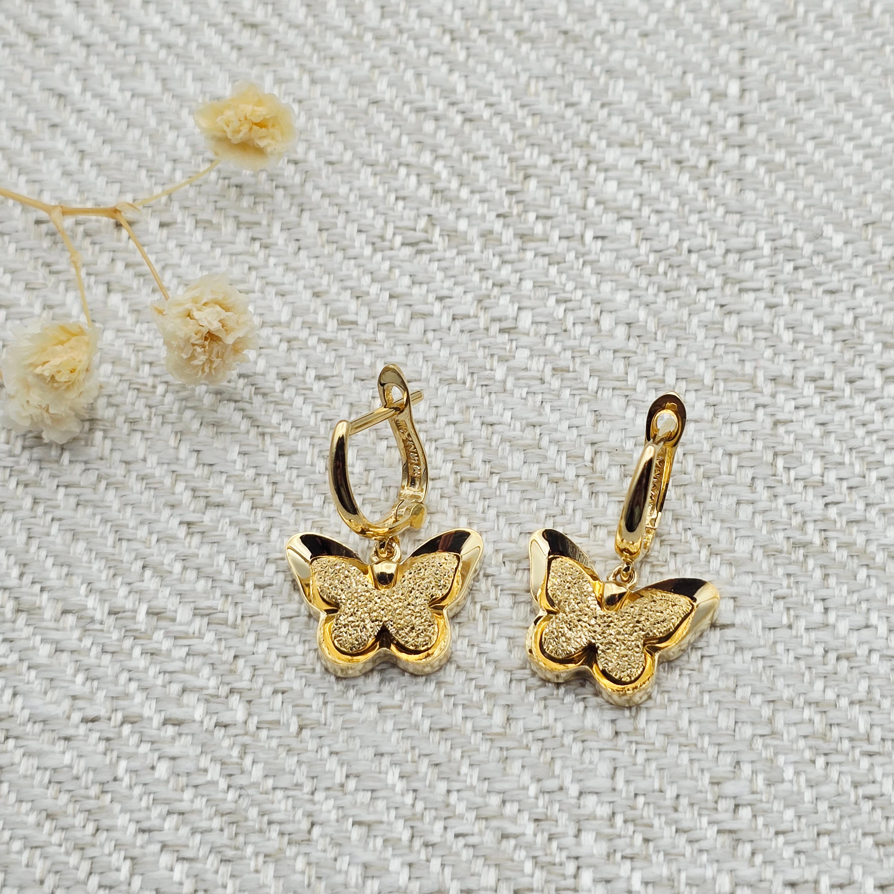 18K Solid Gold Butterfly Drop Earrings, Elegant Textured Finish