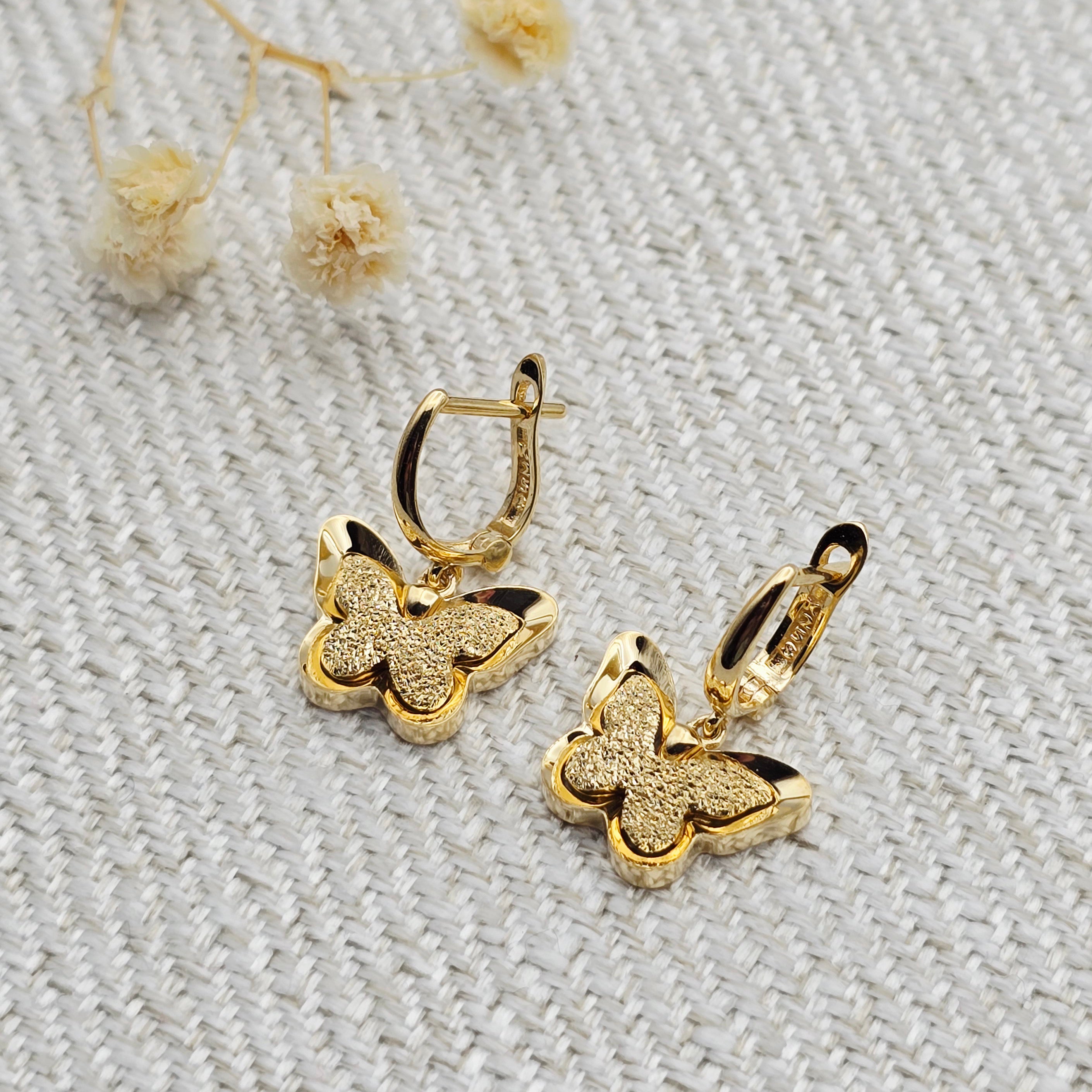 18K Solid Gold Butterfly Drop Earrings, Elegant Textured Finish