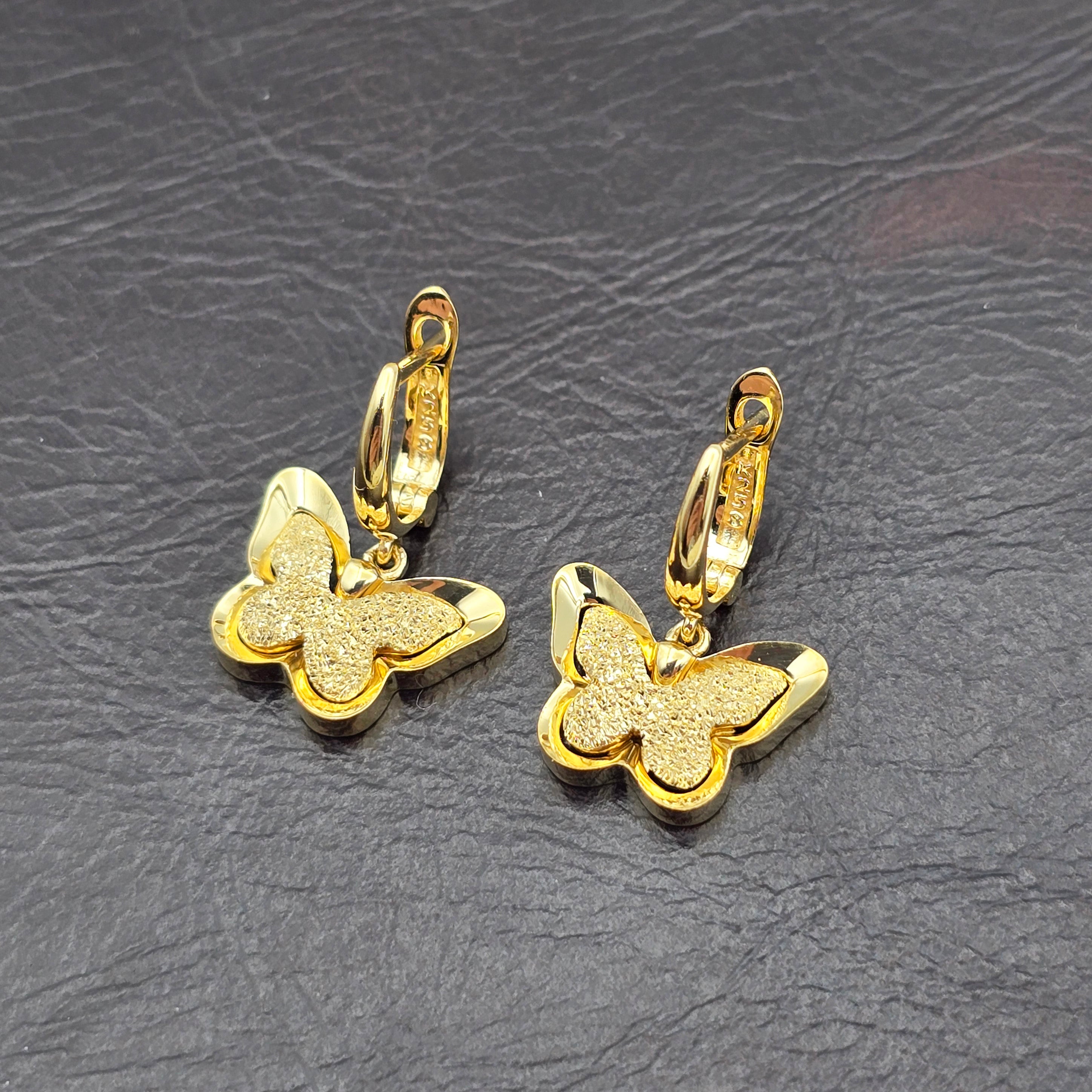 18K Solid Gold Butterfly Drop Earrings, Elegant Textured Finish