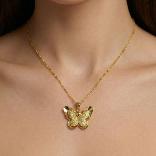 18K Solid Gold Butterfly Pendant with Textured Finish