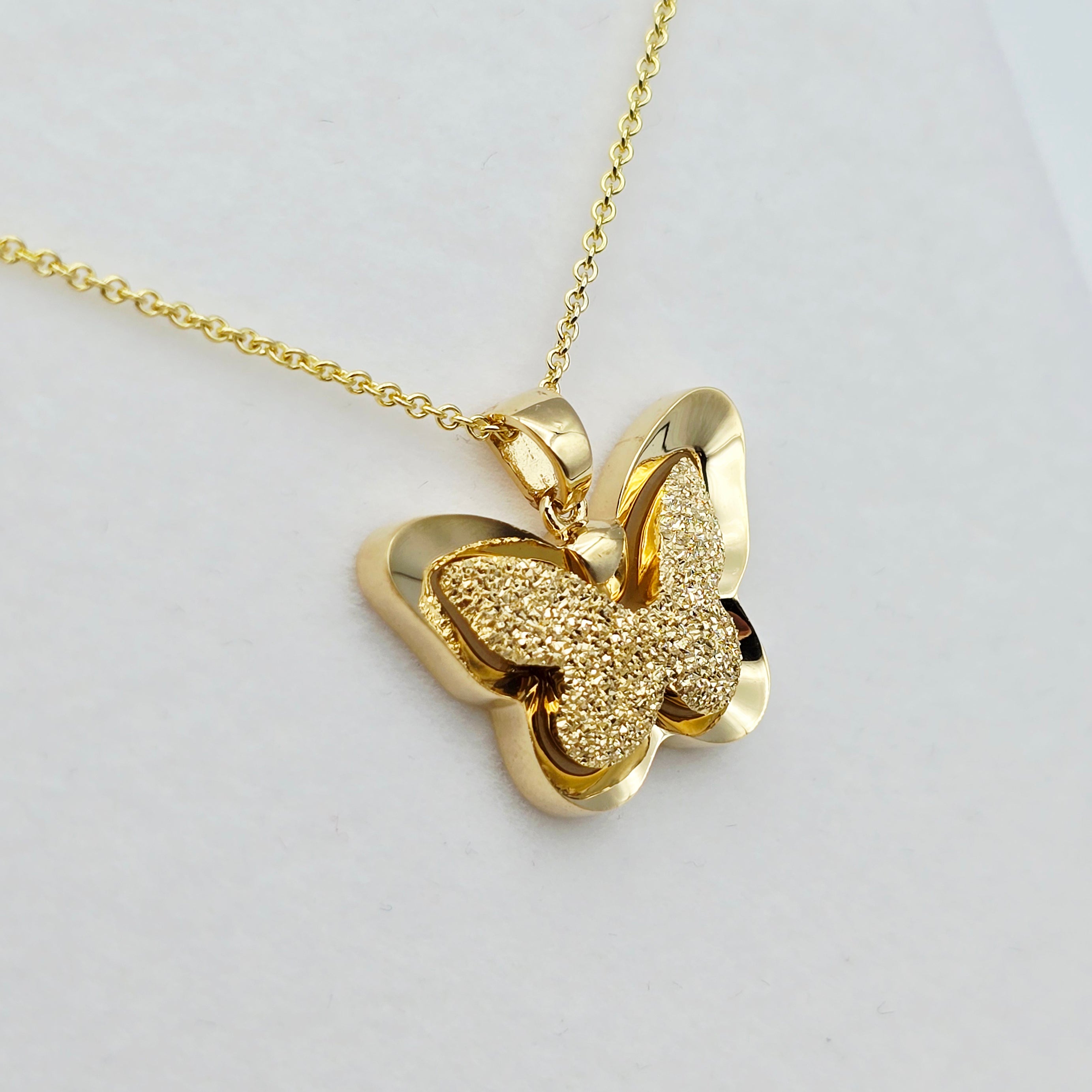 18K Solid Gold Butterfly Pendant with Textured Finish