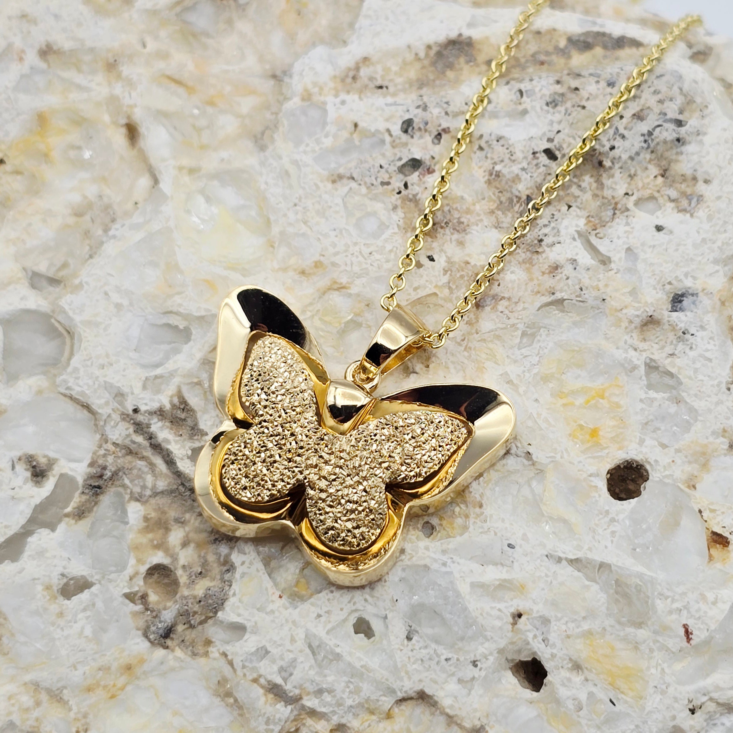 18K Solid Gold Butterfly Pendant with Textured Finish