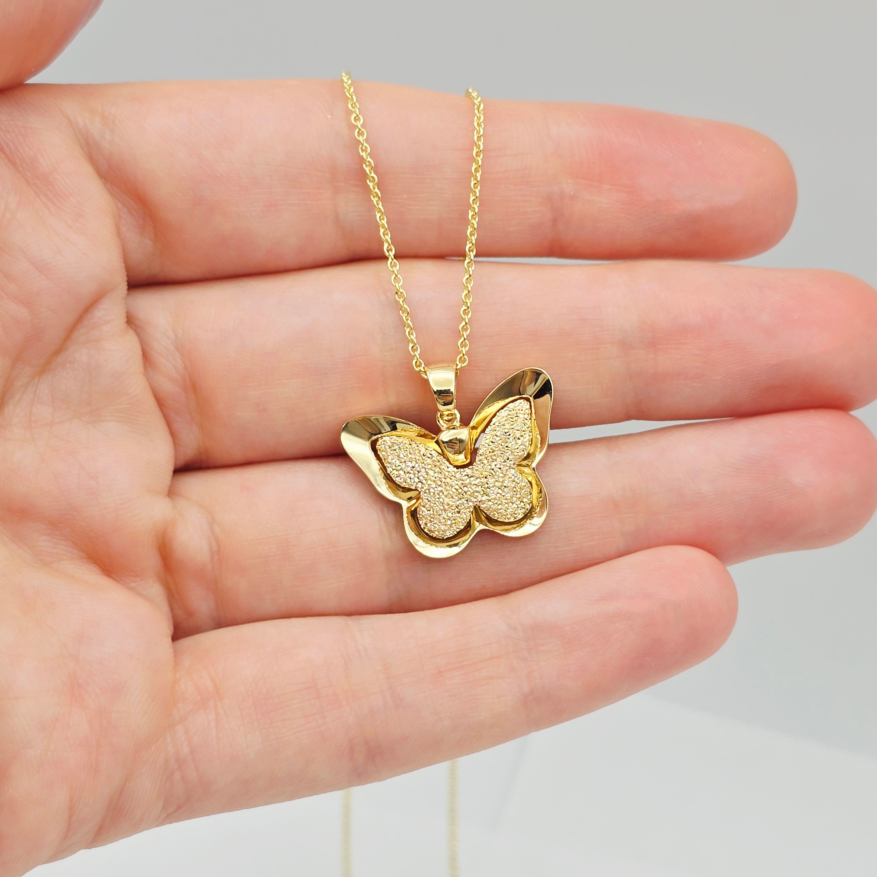 18K Solid Gold Butterfly Pendant with Textured Finish