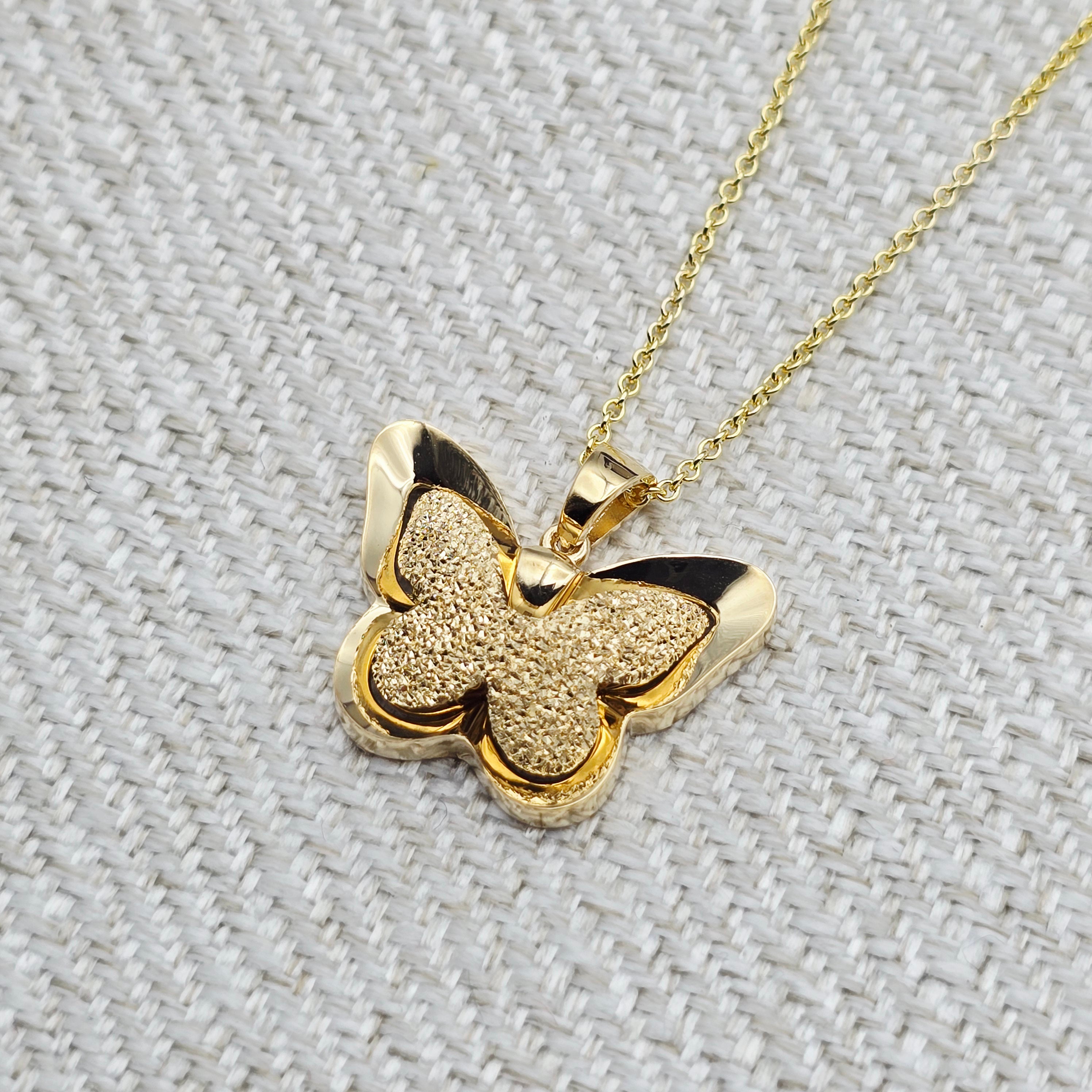 18K Solid Gold Butterfly Pendant with Textured Finish