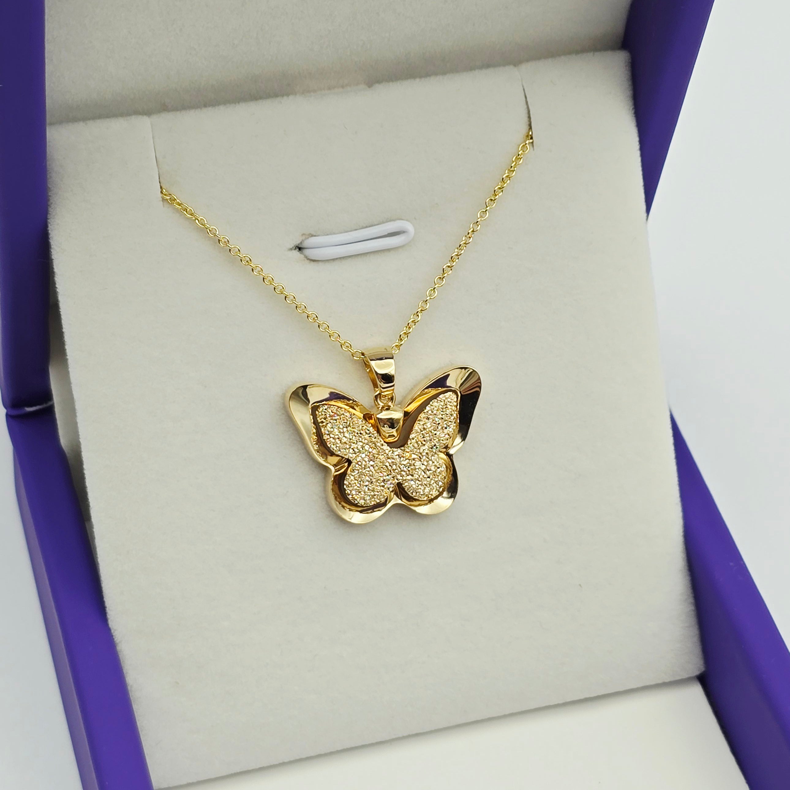 18K Solid Gold Butterfly Pendant with Textured Finish