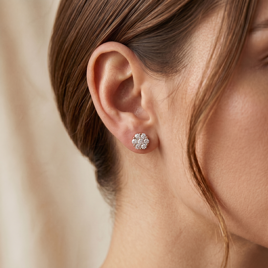 18K Rose Gold CZ Stud Earrings, 7 Stone Cluster Diamond Look Earrings, Solid Gold Floral Studs, Minimalist Luxury Jewelry Gift for Her