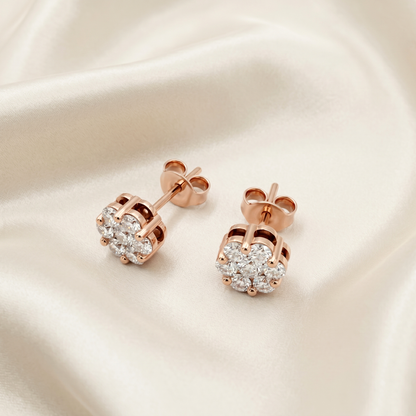 18K Rose Gold CZ Stud Earrings, 7 Stone Cluster Diamond Look Earrings, Solid Gold Floral Studs, Minimalist Luxury Jewelry Gift for Her