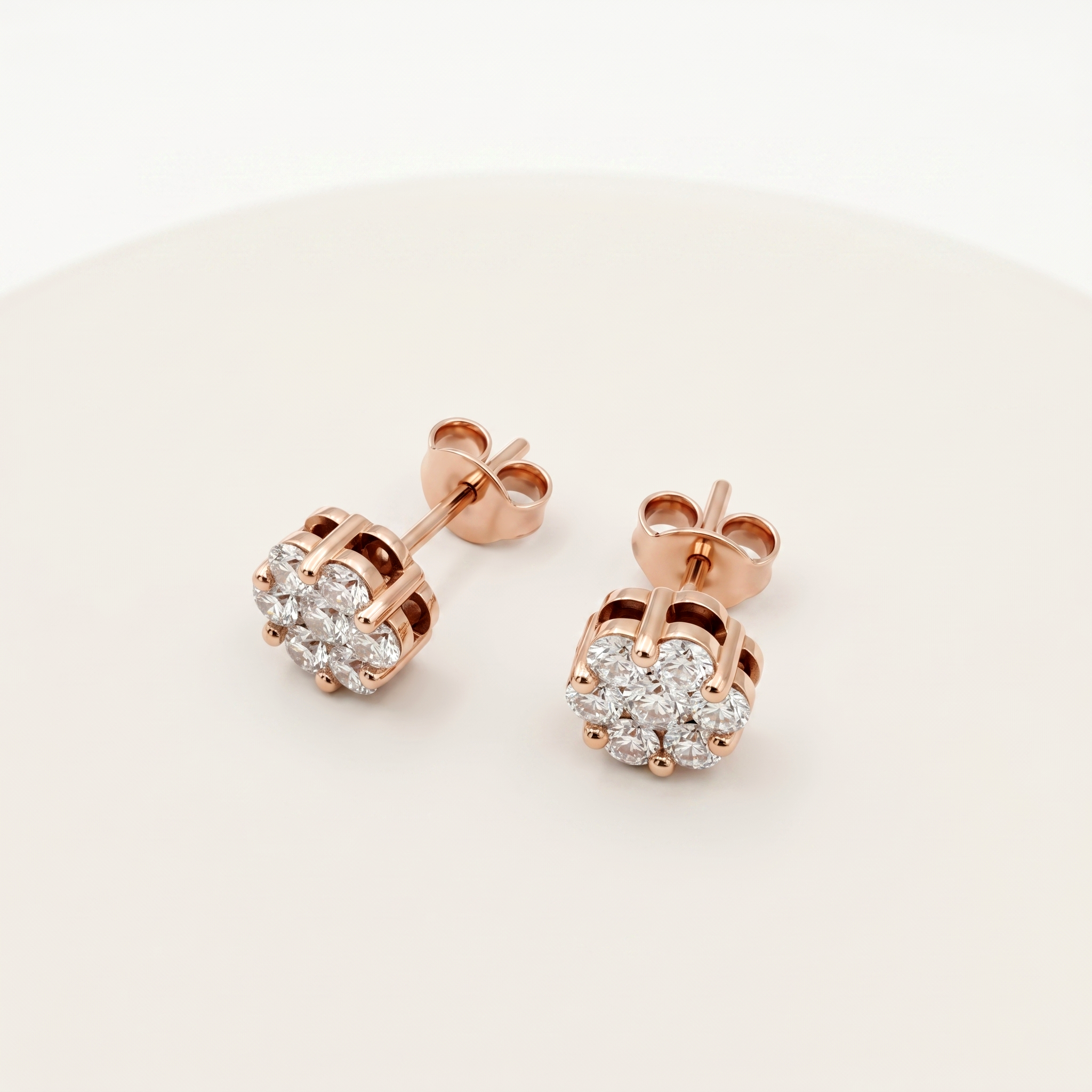 18K Rose Gold CZ Stud Earrings, 7 Stone Cluster Diamond Look Earrings, Solid Gold Floral Studs, Minimalist Luxury Jewelry Gift for Her