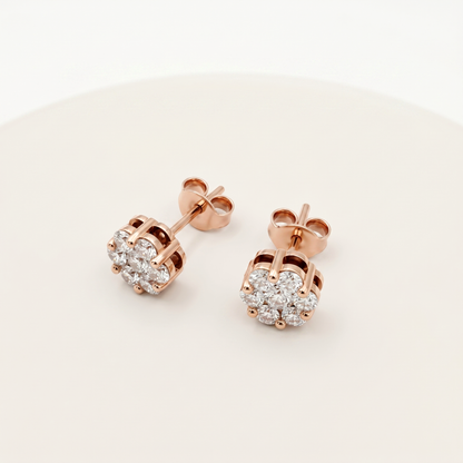 18K Rose Gold CZ Stud Earrings, 7 Stone Cluster Diamond Look Earrings, Solid Gold Floral Studs, Minimalist Luxury Jewelry Gift for Her