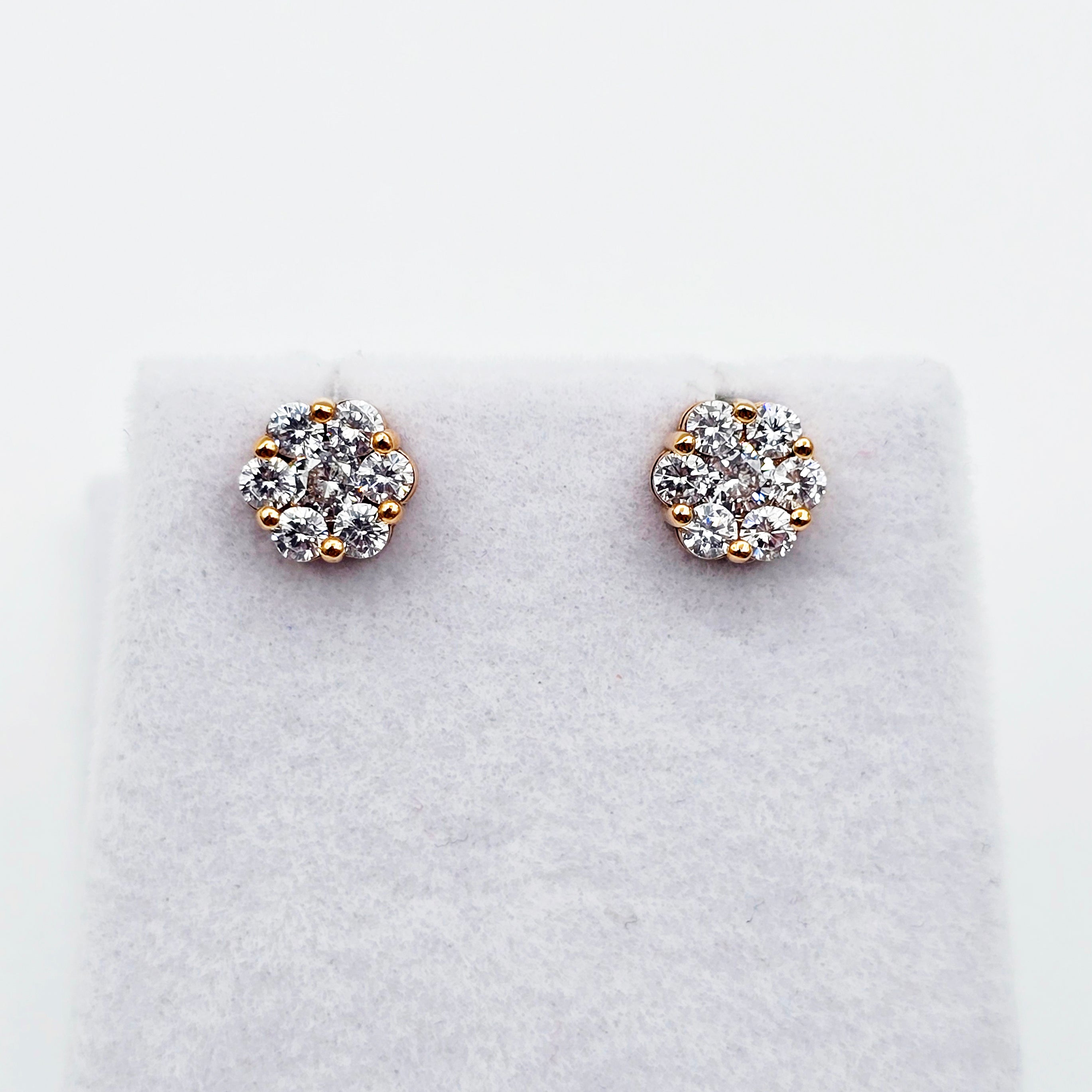 18K Rose Gold CZ Stud Earrings, 7 Stone Cluster Diamond Look Earrings, Solid Gold Floral Studs, Minimalist Luxury Jewelry Gift for Her