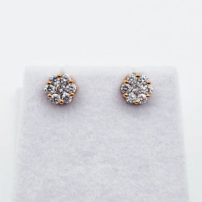 18K Rose Gold CZ Stud Earrings, 7 Stone Cluster Diamond Look Earrings, Solid Gold Floral Studs, Minimalist Luxury Jewelry Gift for Her
