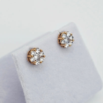 18K Rose Gold CZ Stud Earrings, 7 Stone Cluster Diamond Look Earrings, Solid Gold Floral Studs, Minimalist Luxury Jewelry Gift for Her