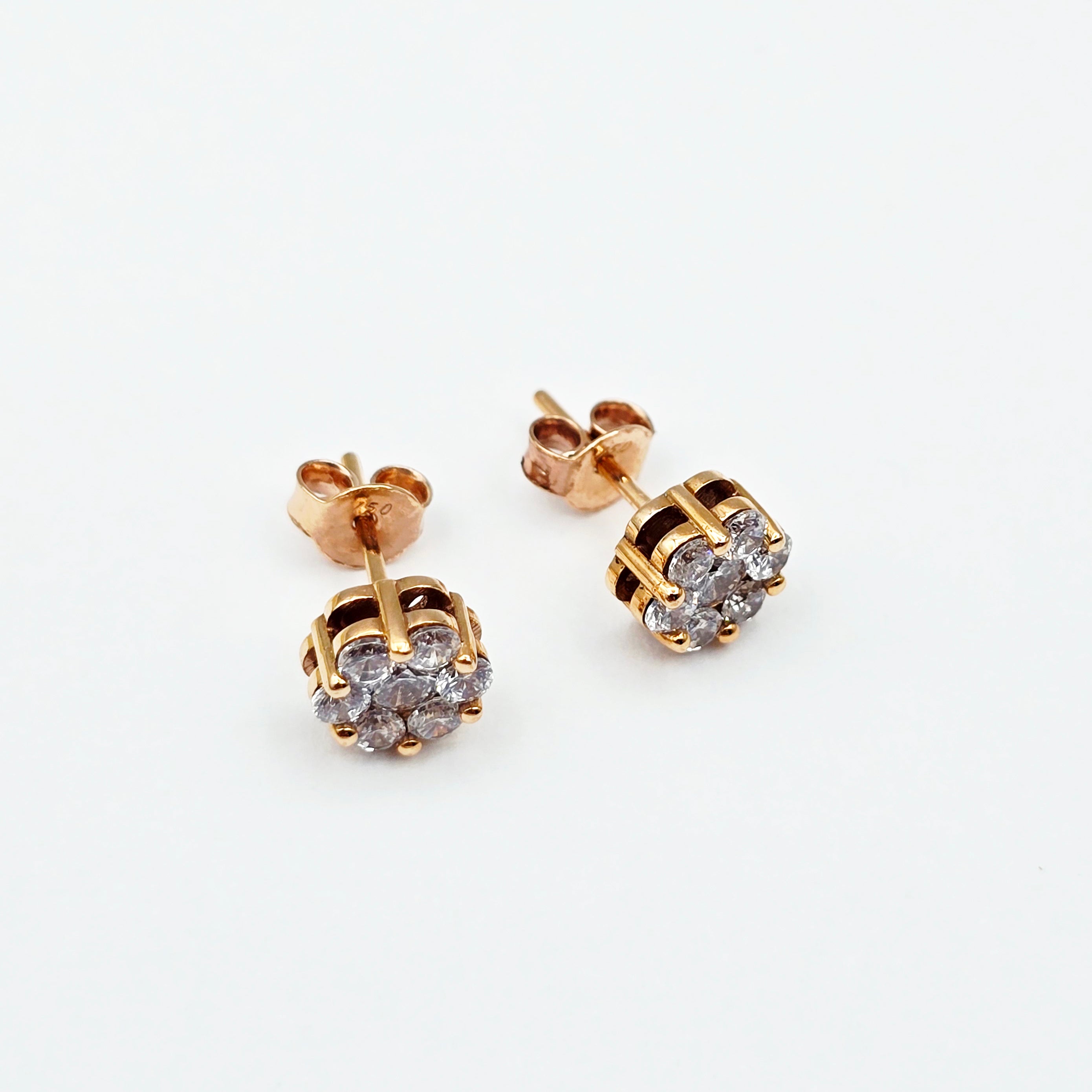 18K Rose Gold CZ Stud Earrings, 7 Stone Cluster Diamond Look Earrings, Solid Gold Floral Studs, Minimalist Luxury Jewelry Gift for Her