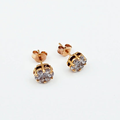 18K Rose Gold CZ Stud Earrings, 7 Stone Cluster Diamond Look Earrings, Solid Gold Floral Studs, Minimalist Luxury Jewelry Gift for Her
