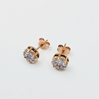 18K Rose Gold CZ Stud Earrings, 7 Stone Cluster Diamond Look Earrings, Solid Gold Floral Studs, Minimalist Luxury Jewelry Gift for Her