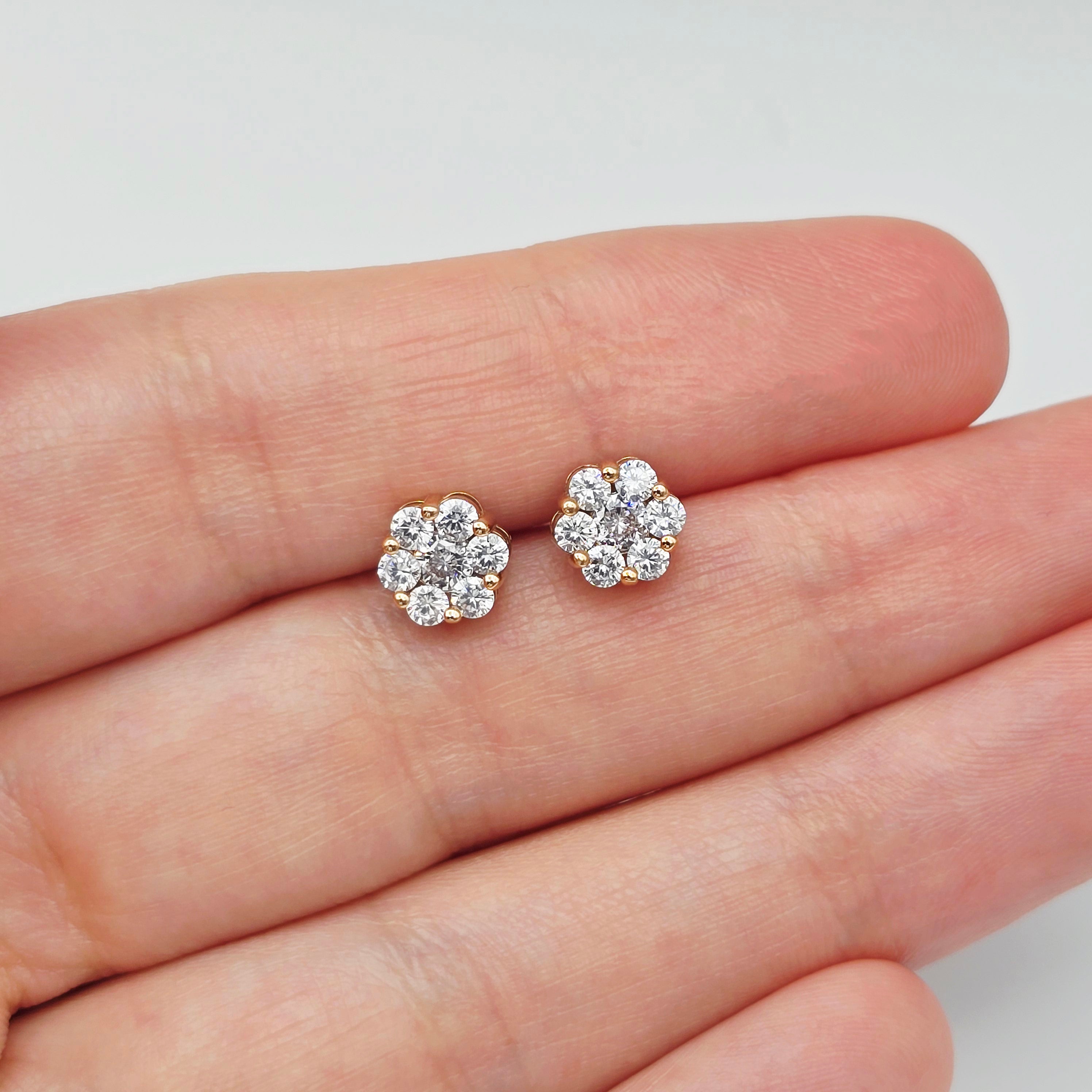 18K Rose Gold CZ Stud Earrings, 7 Stone Cluster Diamond Look Earrings, Solid Gold Floral Studs, Minimalist Luxury Jewelry Gift for Her