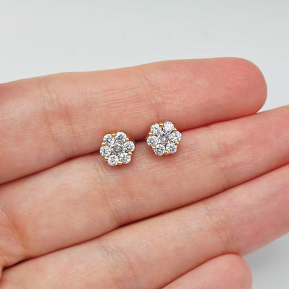 18K Rose Gold CZ Stud Earrings, 7 Stone Cluster Diamond Look Earrings, Solid Gold Floral Studs, Minimalist Luxury Jewelry Gift for Her