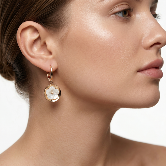 18K Rose Gold Flower Earrings, Shell Flower Drop Earrings, Solid 18K Gold Dangle Earrings, Floral Jewelry Gift for Her
