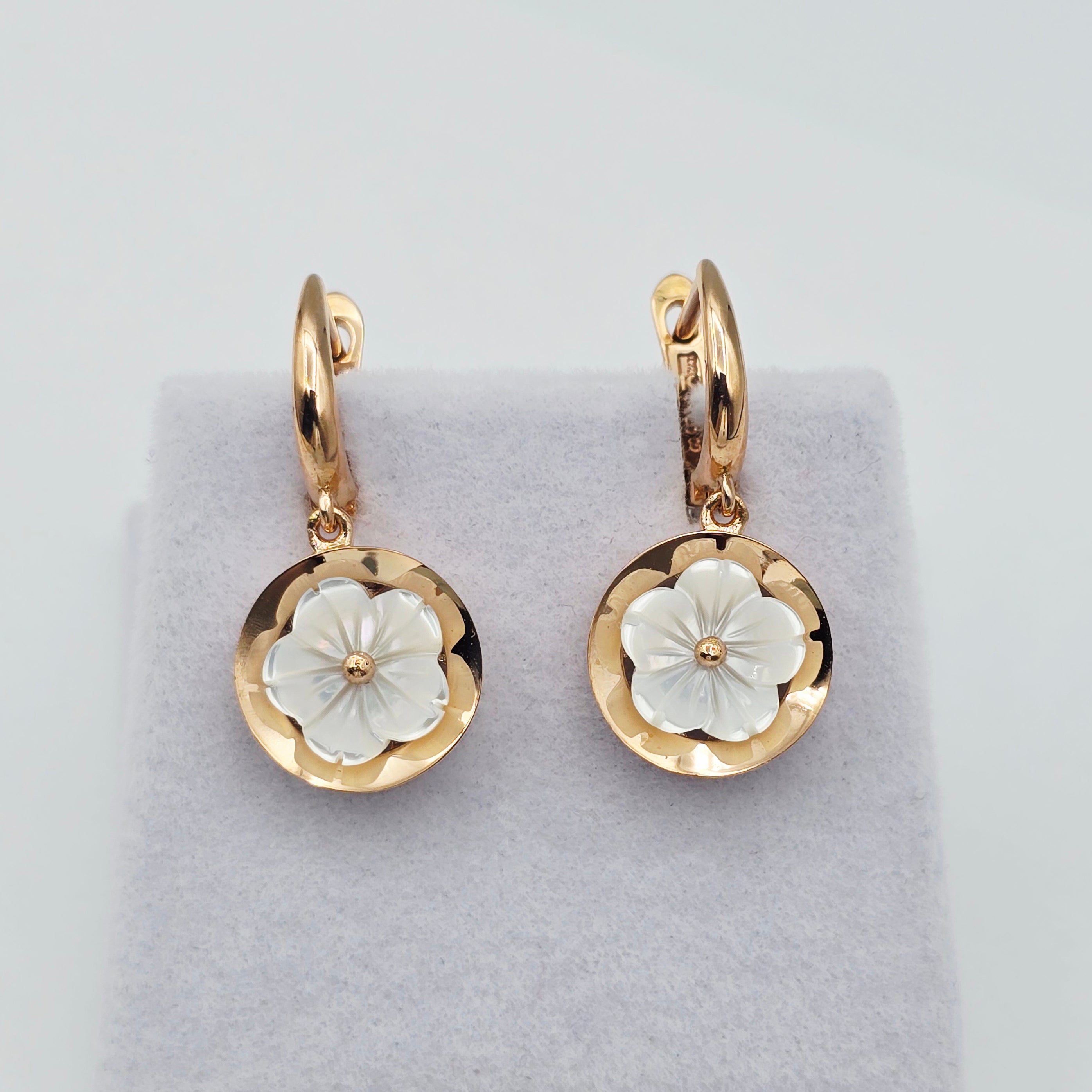 18K Rose Gold Flower Earrings, Shell Flower Drop Earrings, Solid 18K Gold Dangle Earrings, Floral Jewelry Gift for Her