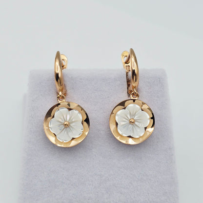 18K Rose Gold Flower Earrings, Shell Flower Drop Earrings, Solid 18K Gold Dangle Earrings, Floral Jewelry Gift for Her