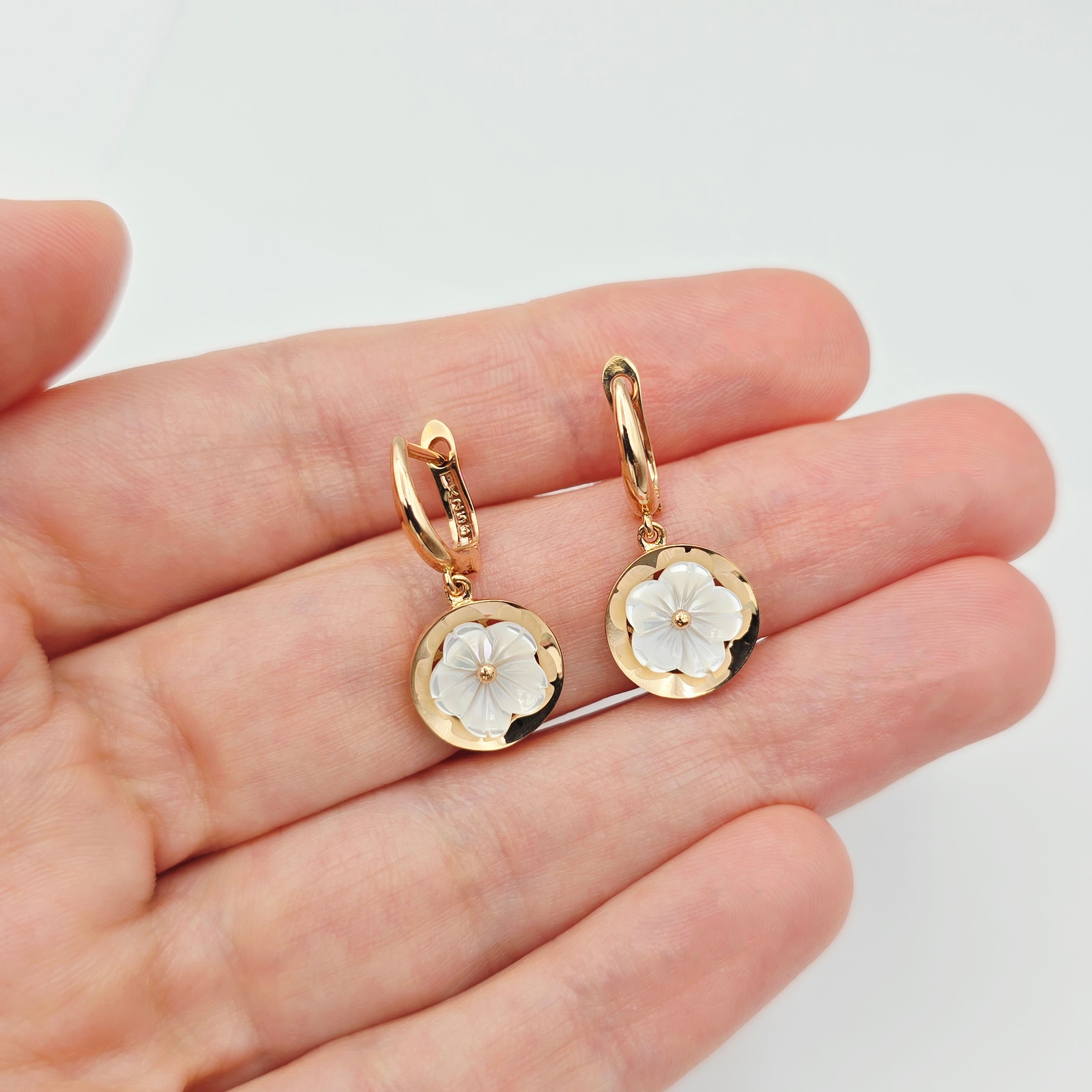 18K Rose Gold Flower Earrings, Shell Flower Drop Earrings, Solid 18K Gold Dangle Earrings, Floral Jewelry Gift for Her