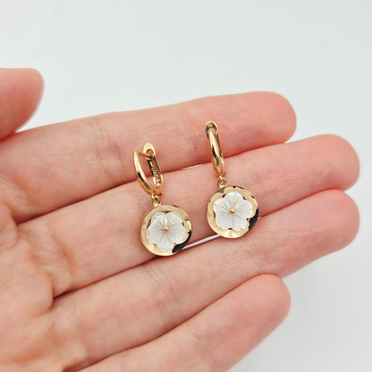 18K Rose Gold Flower Earrings, Shell Flower Drop Earrings, Solid 18K Gold Dangle Earrings, Floral Jewelry Gift for Her