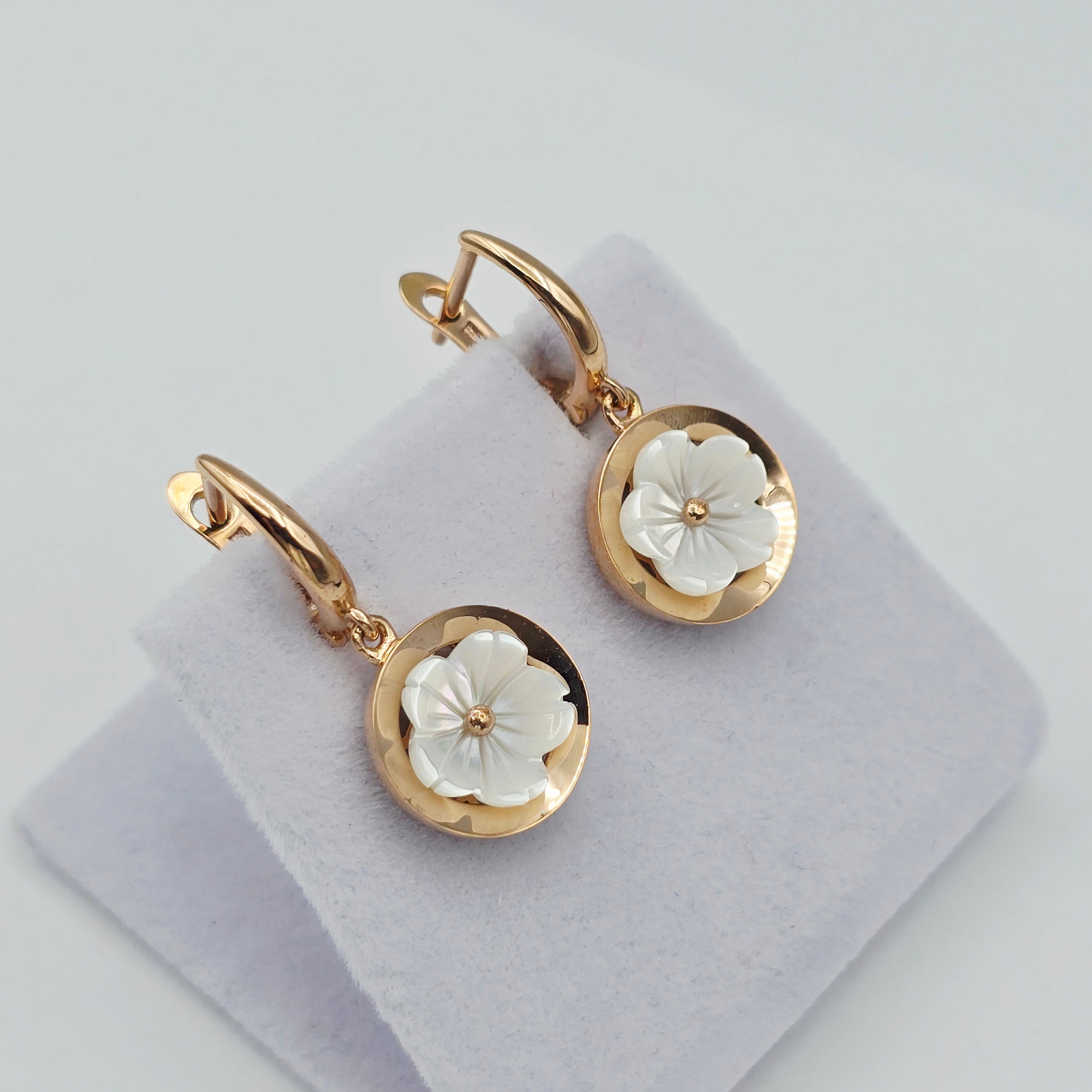 18K Rose Gold Flower Earrings, Shell Flower Drop Earrings, Solid 18K Gold Dangle Earrings, Floral Jewelry Gift for Her