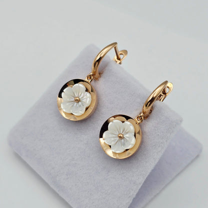 18K Rose Gold Flower Earrings, Shell Flower Drop Earrings, Solid 18K Gold Dangle Earrings, Floral Jewelry Gift for Her