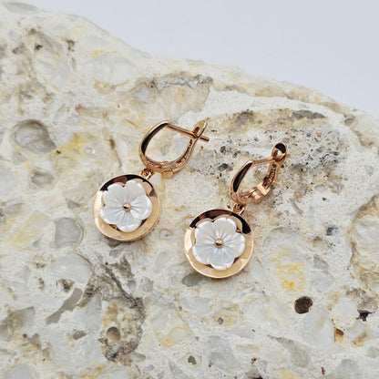 18K Rose Gold Flower Earrings, Shell Flower Drop Earrings, Solid 18K Gold Dangle Earrings, Floral Jewelry Gift for Her