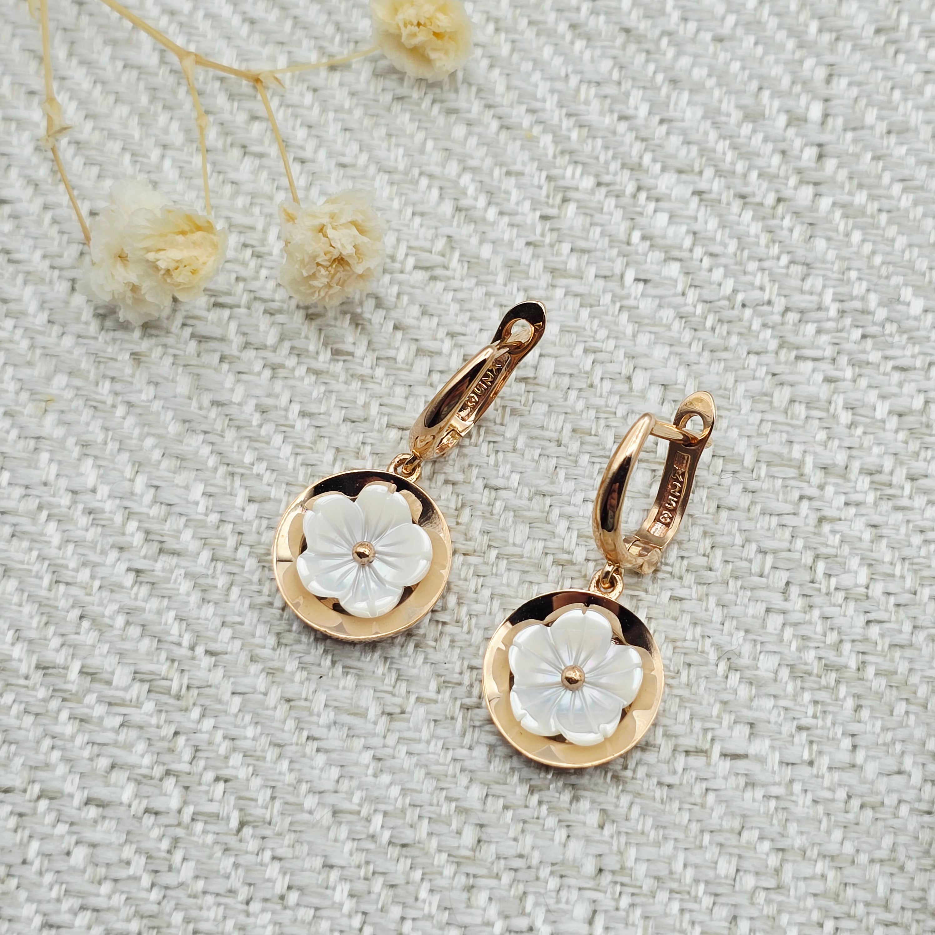 18K Rose Gold Flower Earrings, Shell Flower Drop Earrings, Solid 18K Gold Dangle Earrings, Floral Jewelry Gift for Her