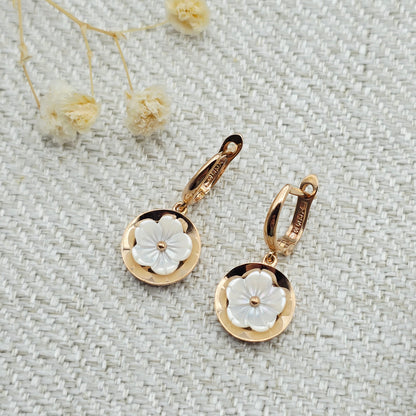 18K Rose Gold Flower Earrings, Shell Flower Drop Earrings, Solid 18K Gold Dangle Earrings, Floral Jewelry Gift for Her