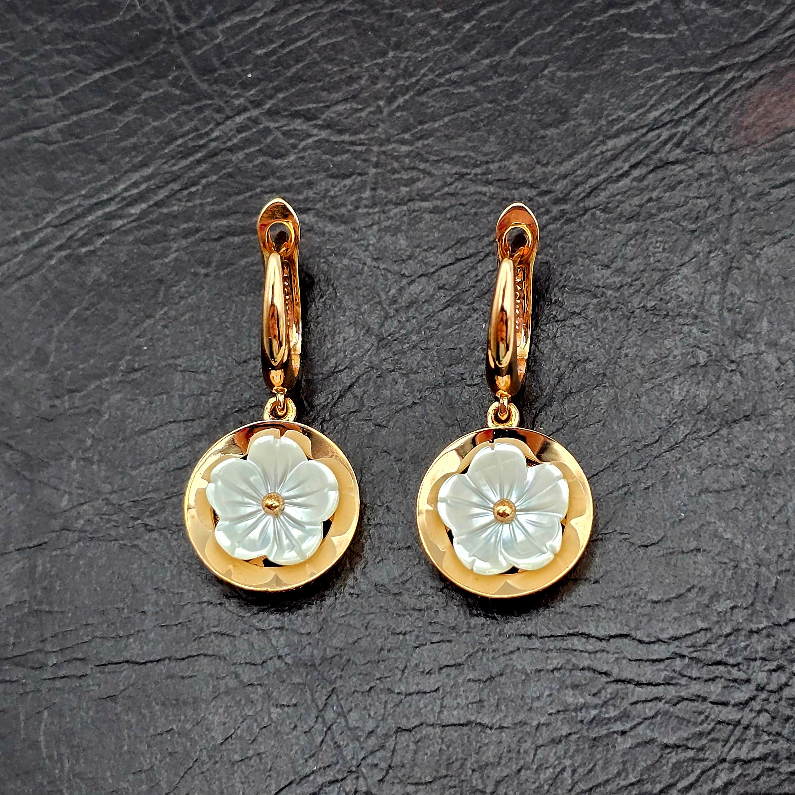 18K Rose Gold Flower Earrings, Shell Flower Drop Earrings, Solid 18K Gold Dangle Earrings, Floral Jewelry Gift for Her