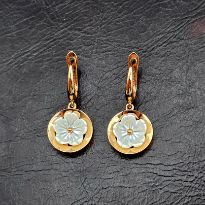 18K Rose Gold Flower Earrings, Shell Flower Drop Earrings, Solid 18K Gold Dangle Earrings, Floral Jewelry Gift for Her