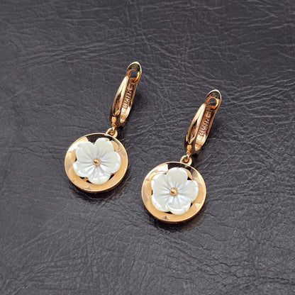 18K Rose Gold Flower Earrings, Shell Flower Drop Earrings, Solid 18K Gold Dangle Earrings, Floral Jewelry Gift for Her