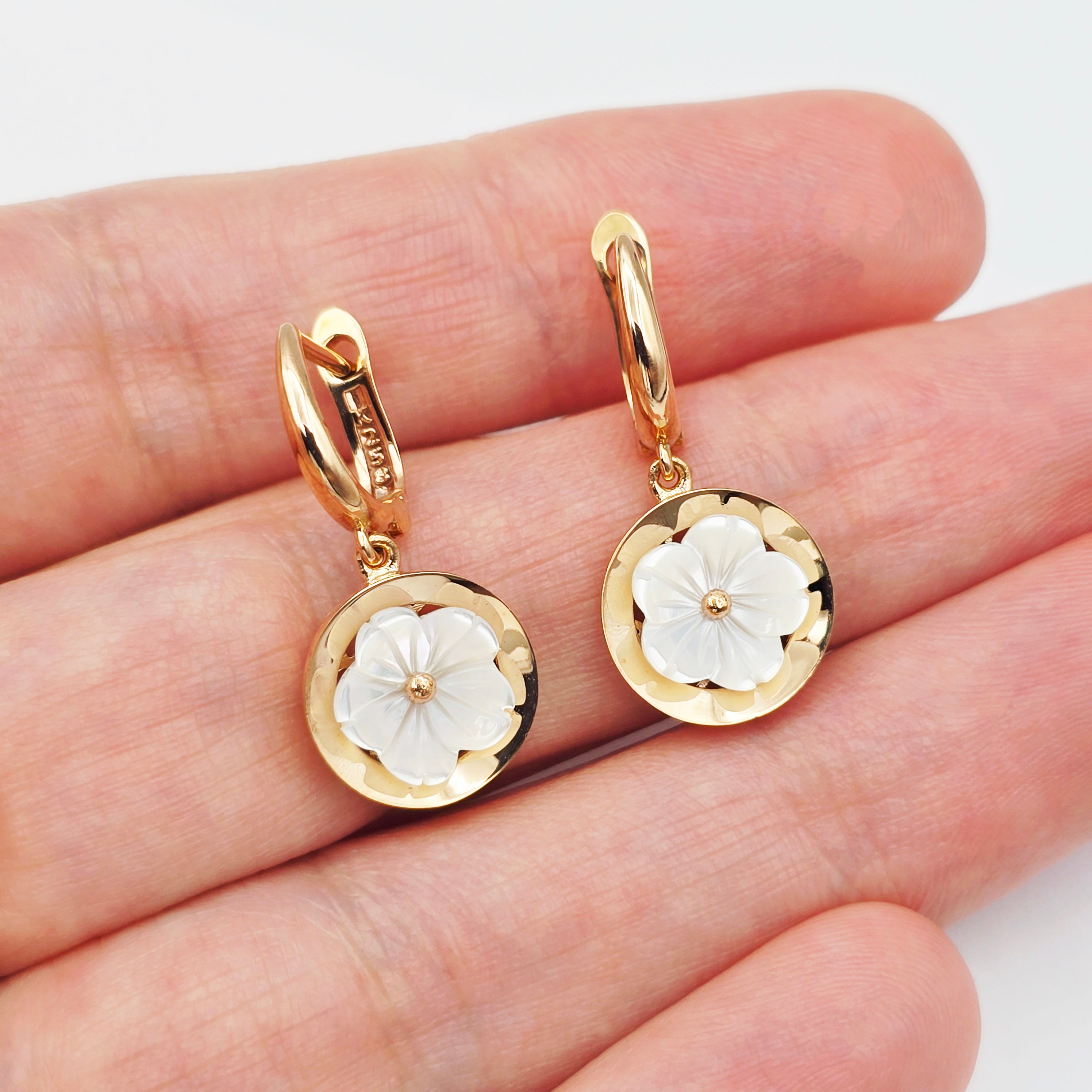 18K Rose Gold Flower Earrings, Shell Flower Drop Earrings, Solid 18K Gold Dangle Earrings, Floral Jewelry Gift for Her