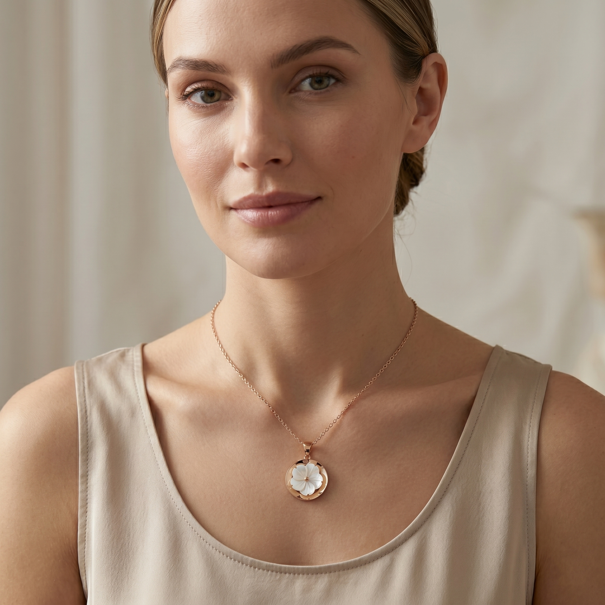 18K Rose Gold Pendant, Shell Flower Necklace, Floral Pendant, Elegant Gift for Her