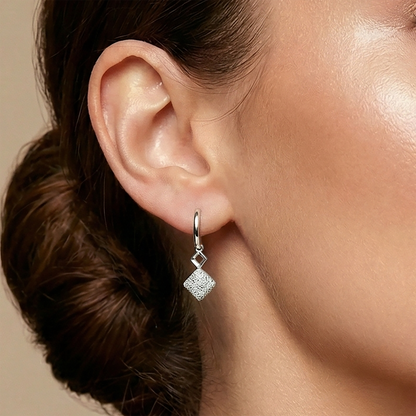 18K White Gold Diamond Cut Square Dangle Earrings