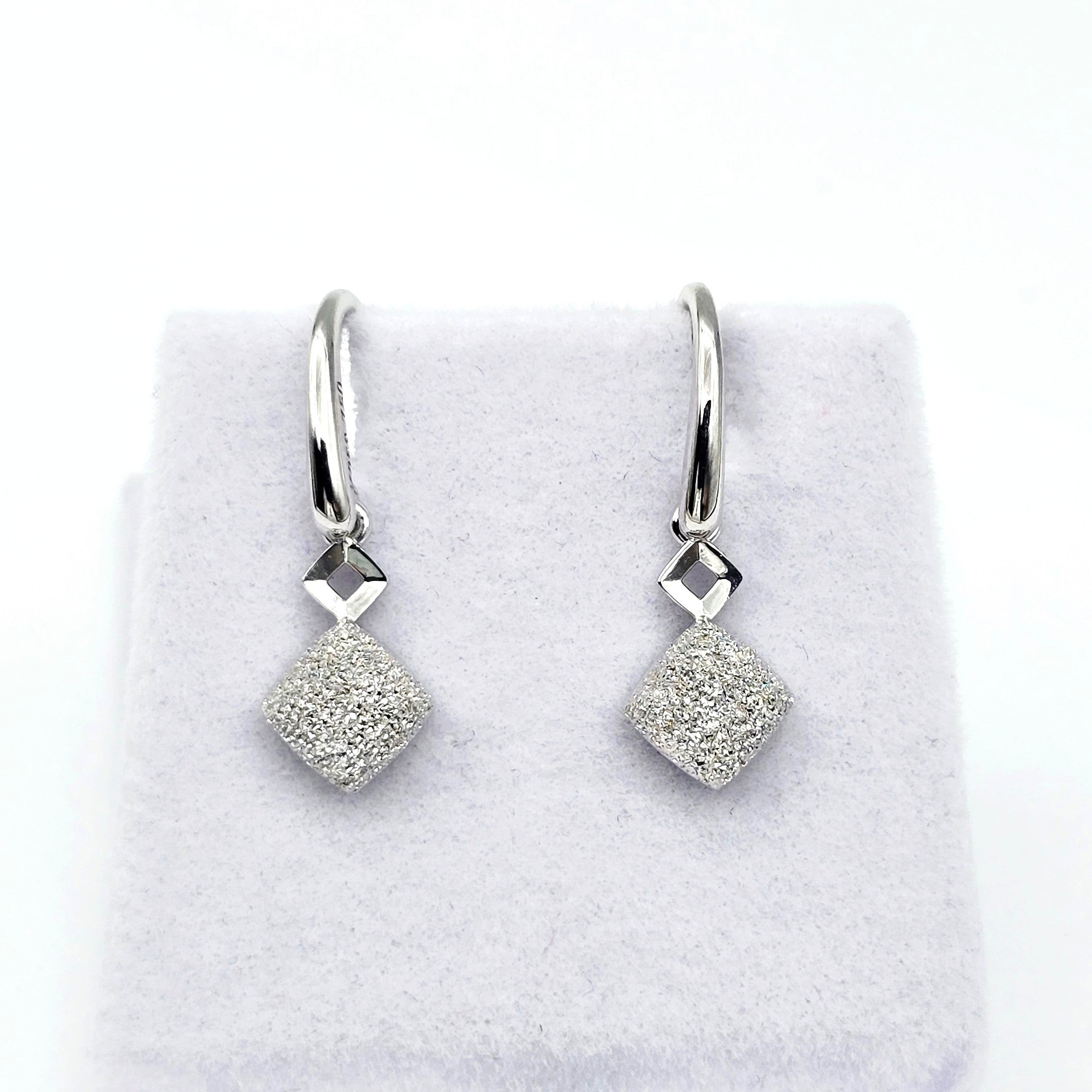 18K White Gold Diamond Cut Square Dangle Earrings
