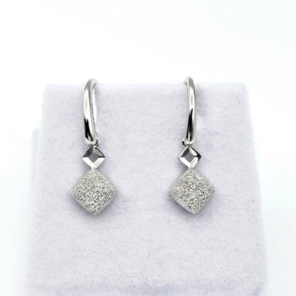18K White Gold Diamond Cut Square Dangle Earrings