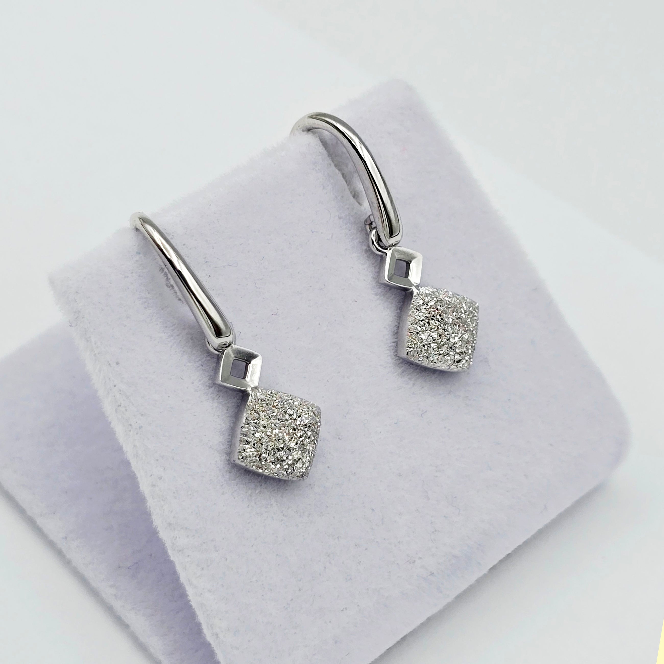 18K White Gold Diamond Cut Square Dangle Earrings