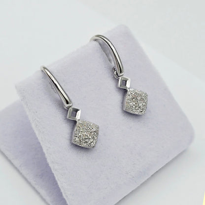 18K White Gold Diamond Cut Square Dangle Earrings