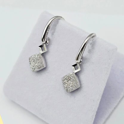 18K White Gold Diamond Cut Square Dangle Earrings