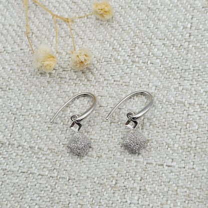 18K White Gold Diamond Cut Square Dangle Earrings