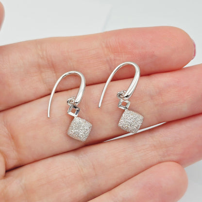 18K White Gold Diamond Cut Square Dangle Earrings