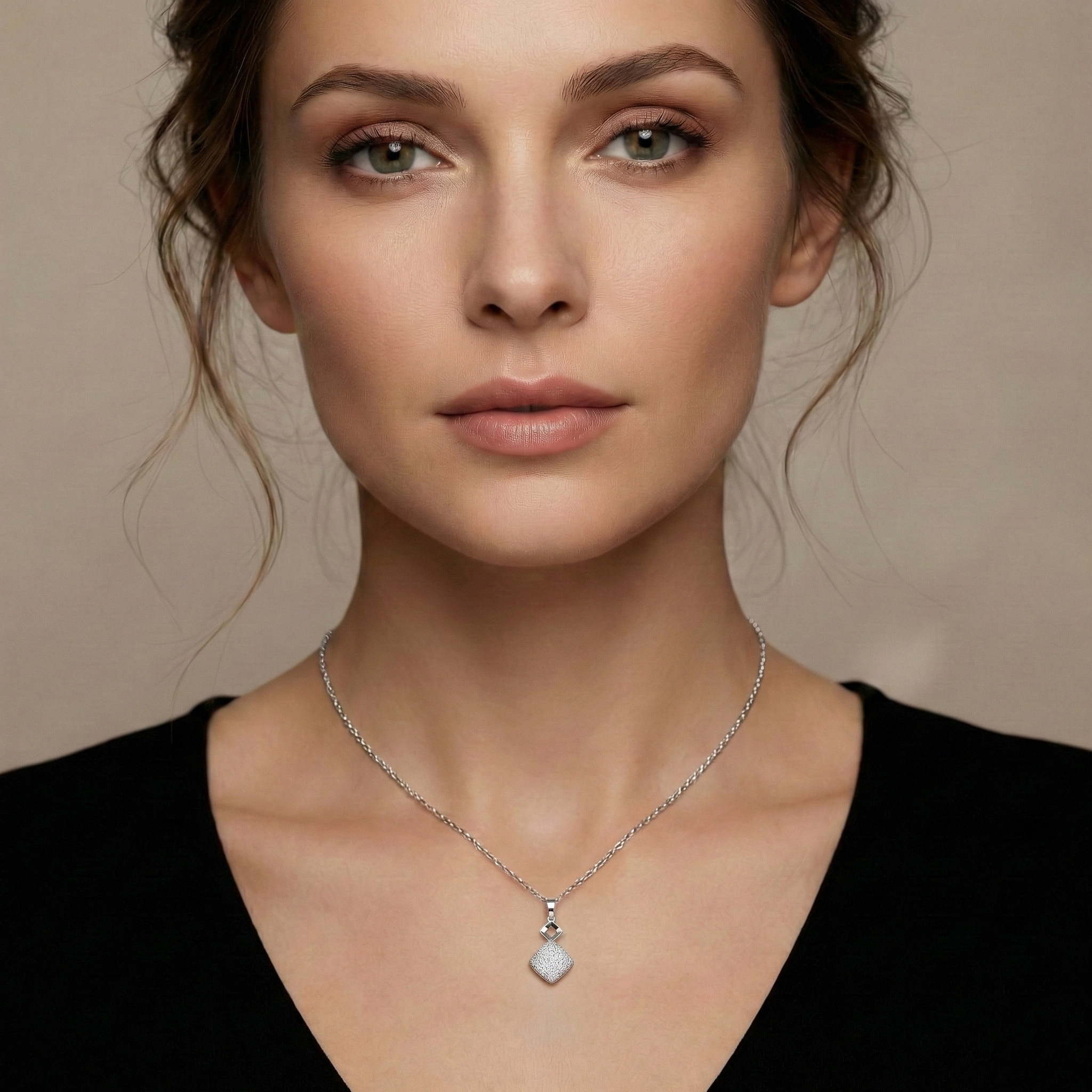 18K White Gold Diamond Cut Square Pendant, Minimalist Charm