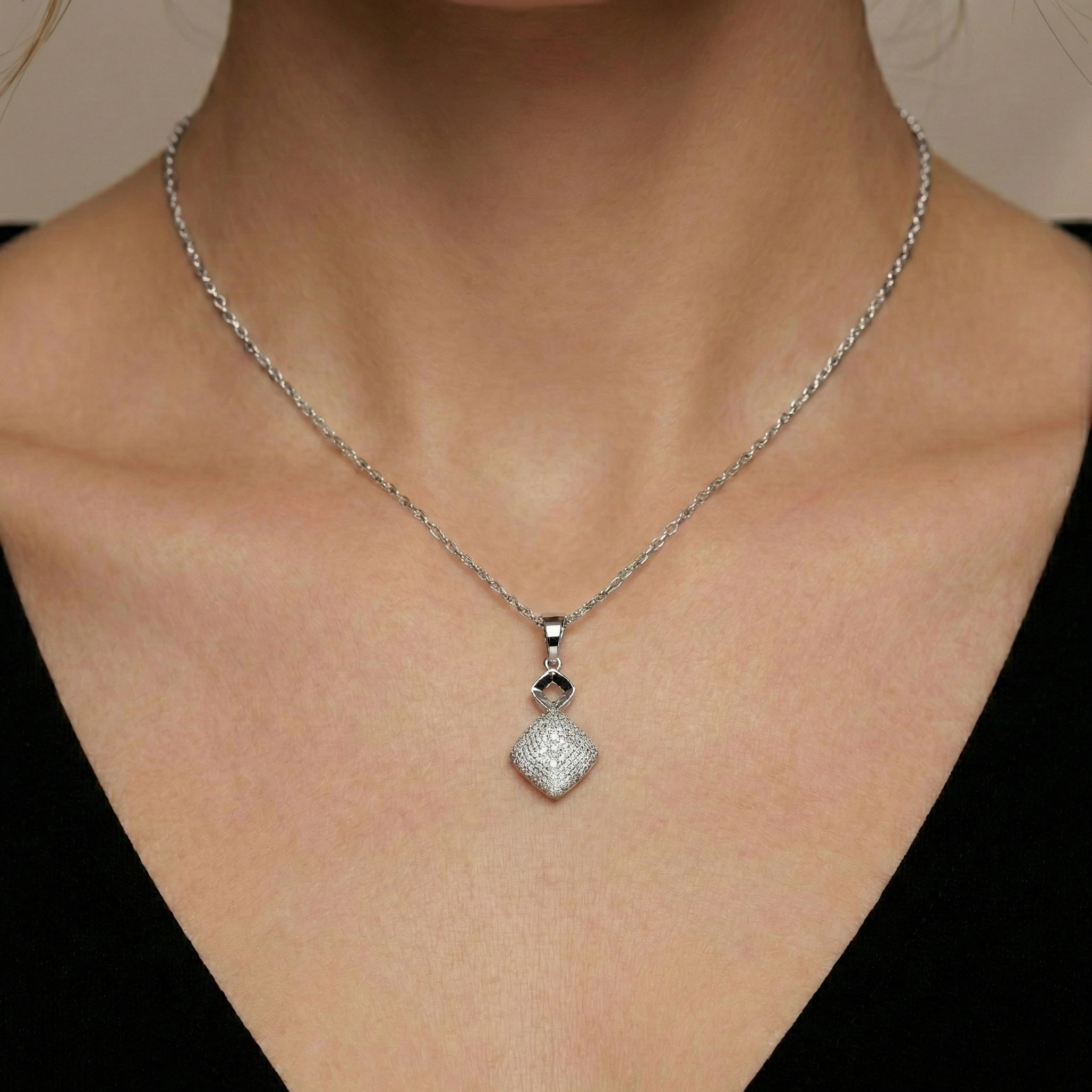 18K White Gold Diamond Cut Square Pendant, Minimalist Charm