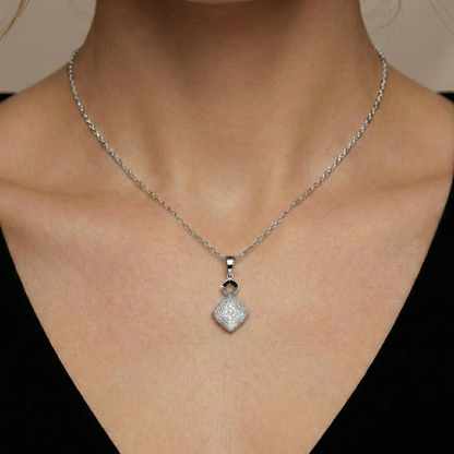 18K White Gold Diamond Cut Square Pendant, Minimalist Charm