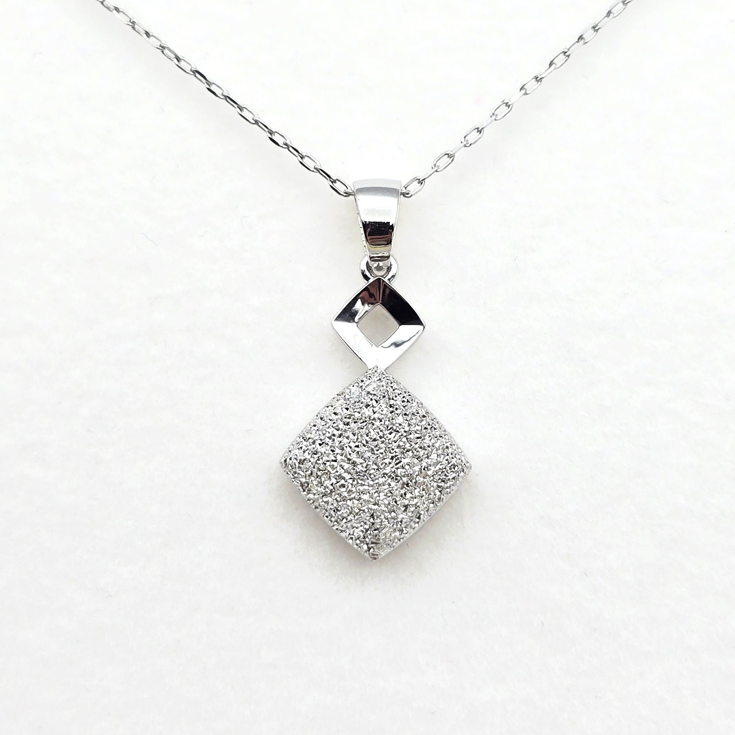 18K White Gold Diamond Cut Square Pendant, Minimalist Charm
